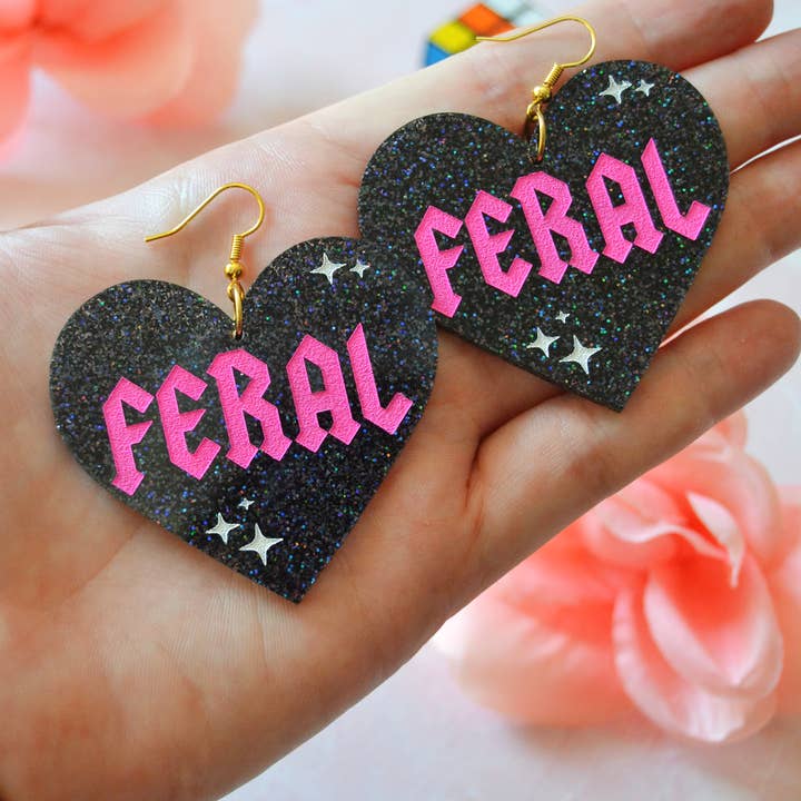 Rebel Disco Designs - Wholesale Dangle Earrings - Acrylic FERAL Girl Glittery Heart Statement Earrings0