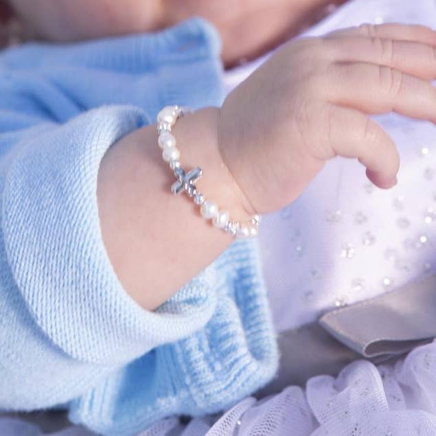 Cherished Moments - Wholesale Beaded Bracelet - Kids - Girls Sterling Silver Pearl Cross Baby Bracelet Baptism Gift2