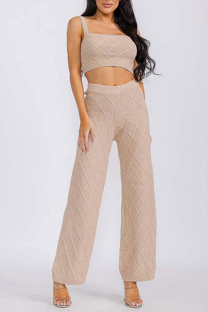 TAUPE SLEEVELES CROP TOP ELASTIC WAIST PANTS WAFFLE SET for wholesale on Faire1