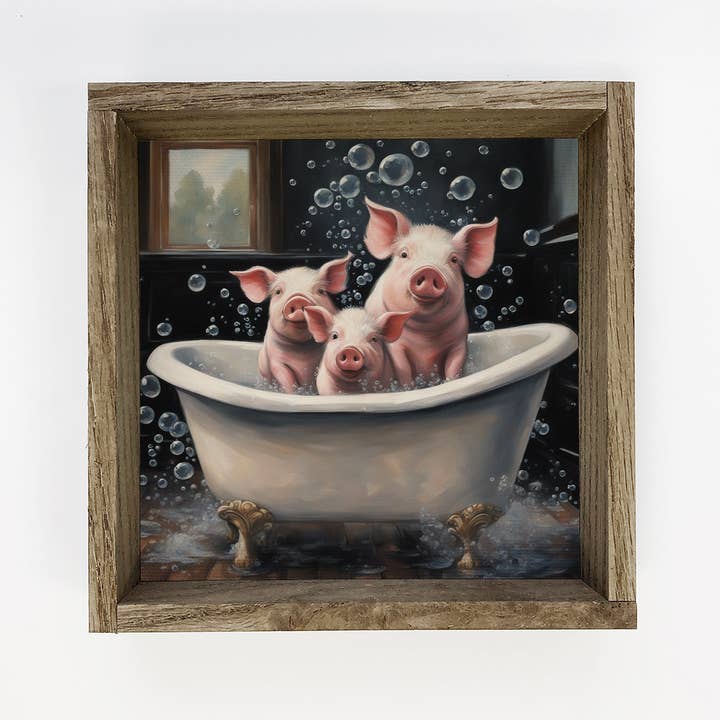 Three little Piggies in Bubble Bath - Cute Animal Wall Art for wholesale by Hangout Home