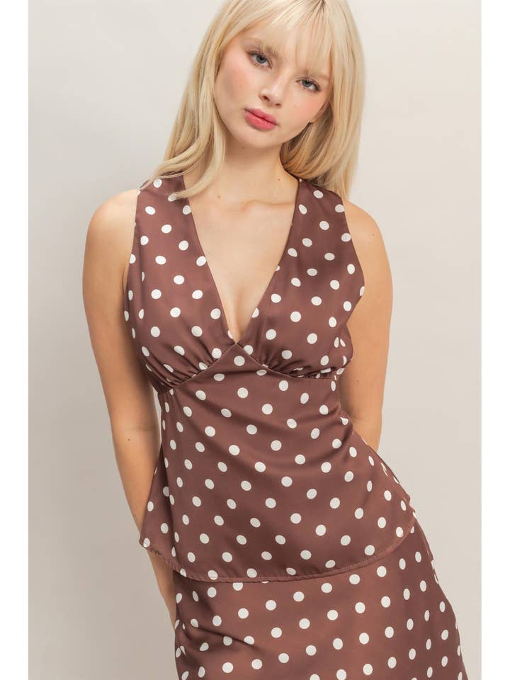 Polka Dot V-Neck Satin Top for wholesale by HYFVE