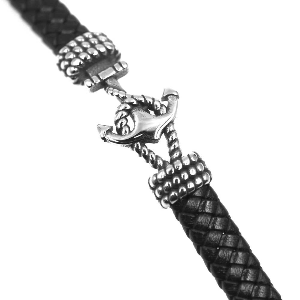 Awaken - Wholesale Woven/Braided Bracelet - Men's Anchor Bracelet in Leather and Steel - B-1351