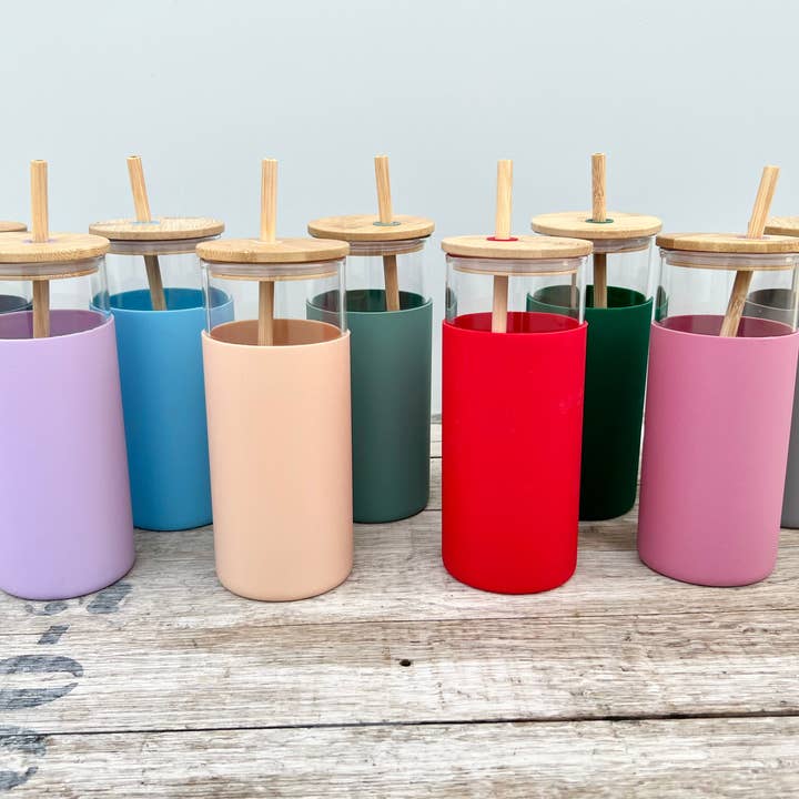 KW Custom Creations - Wholesale Drinking Glass/Cup - DISCONTINUED: Glass Tumbler w/Silicone Sleeve + Bamboo Lid/Straw