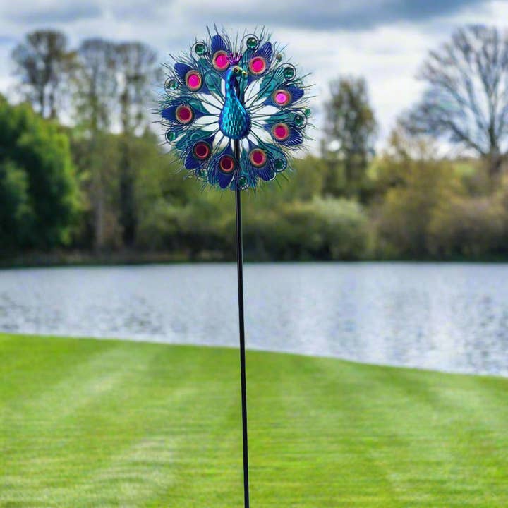 Marissa's Gifts – wholesale Wind spinner – Handmade Aurora peacock powder coated garden wind sculpture spinner measuring 150cm1