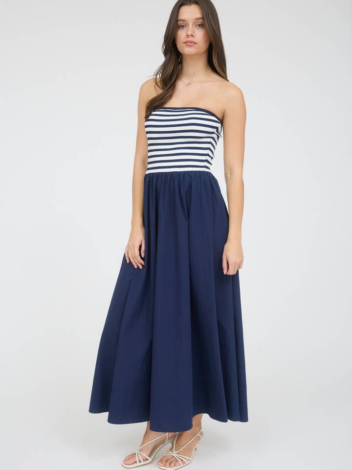 Blu Pepper - Wholesale Dress - Women's - STRIPE KNIT TOP WOVEN SKIRT MIX MEDIA MIDI DRESS