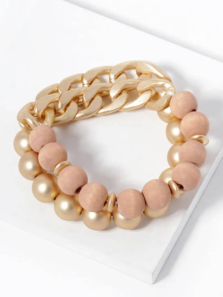 Set Of 2 Wood And Metallic Beaded Chain Stretch Bracelet for wholesale by Wild Honey
