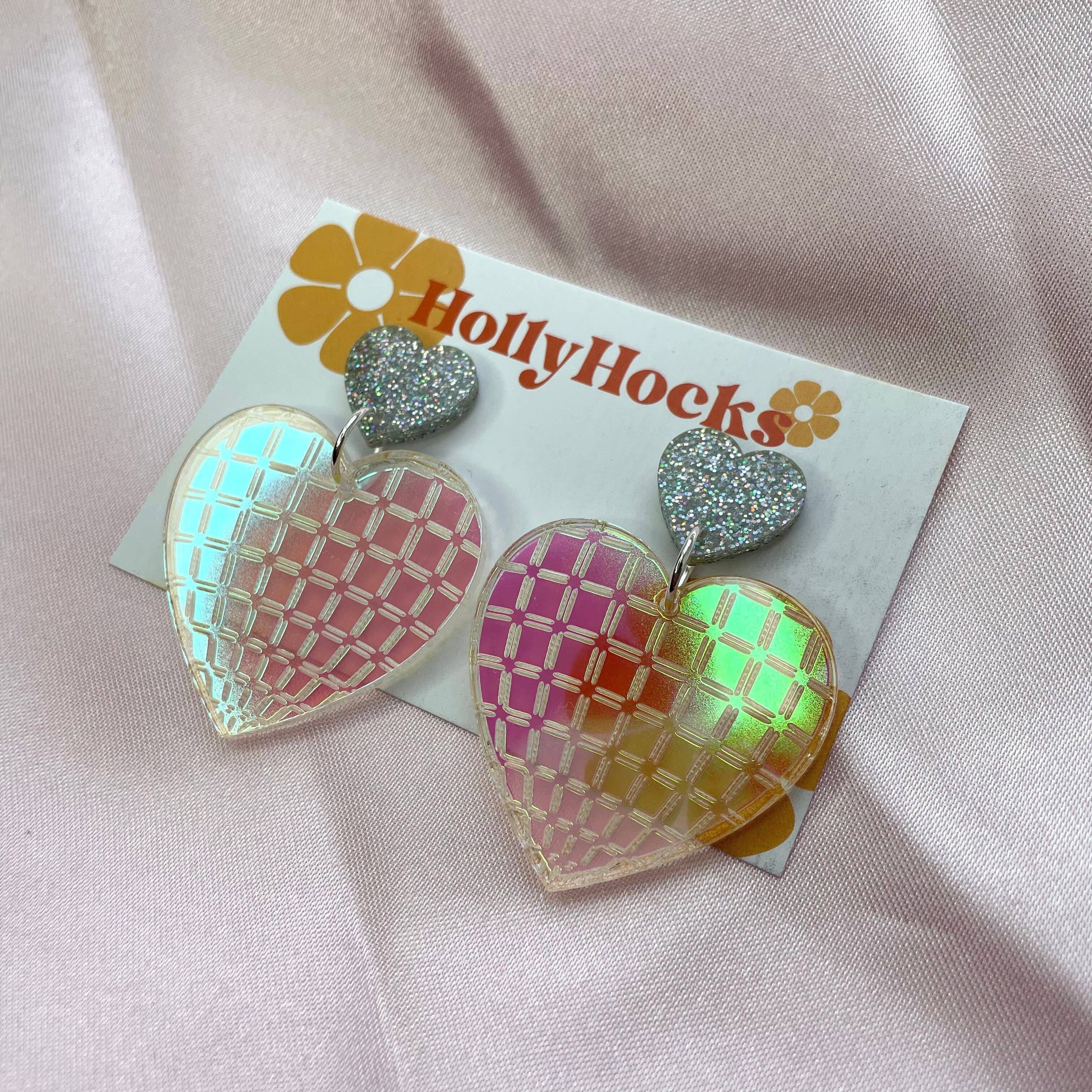 HollyHocks Jewellery – wholesale Dangle earrings – Disco Love Heart Acrylic Earrings4