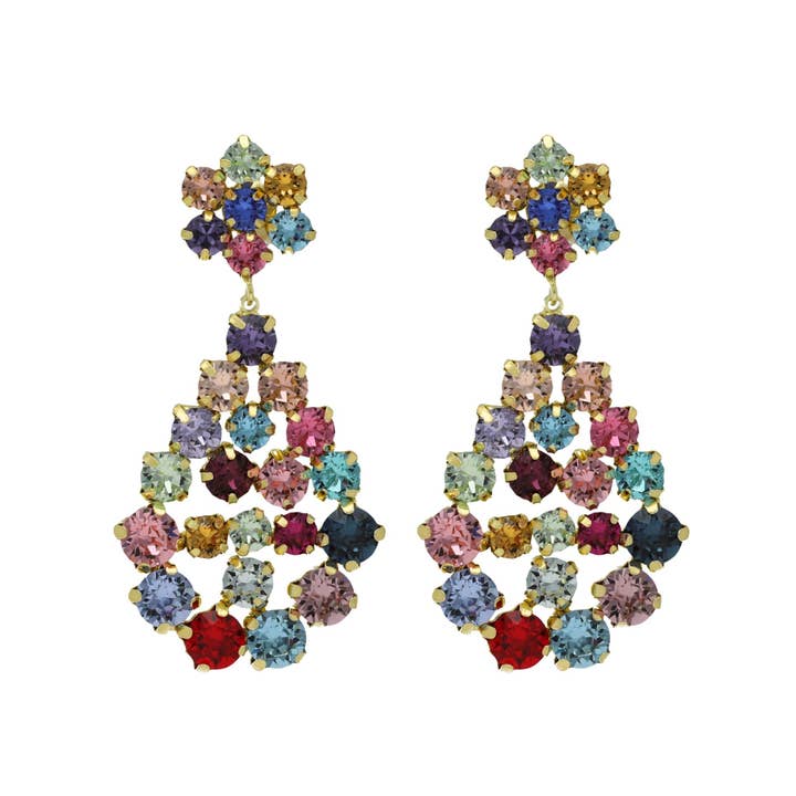 Antonella Silver Multicolor Crystal Flower Long Earrings for wholesale by Victoria Cruz