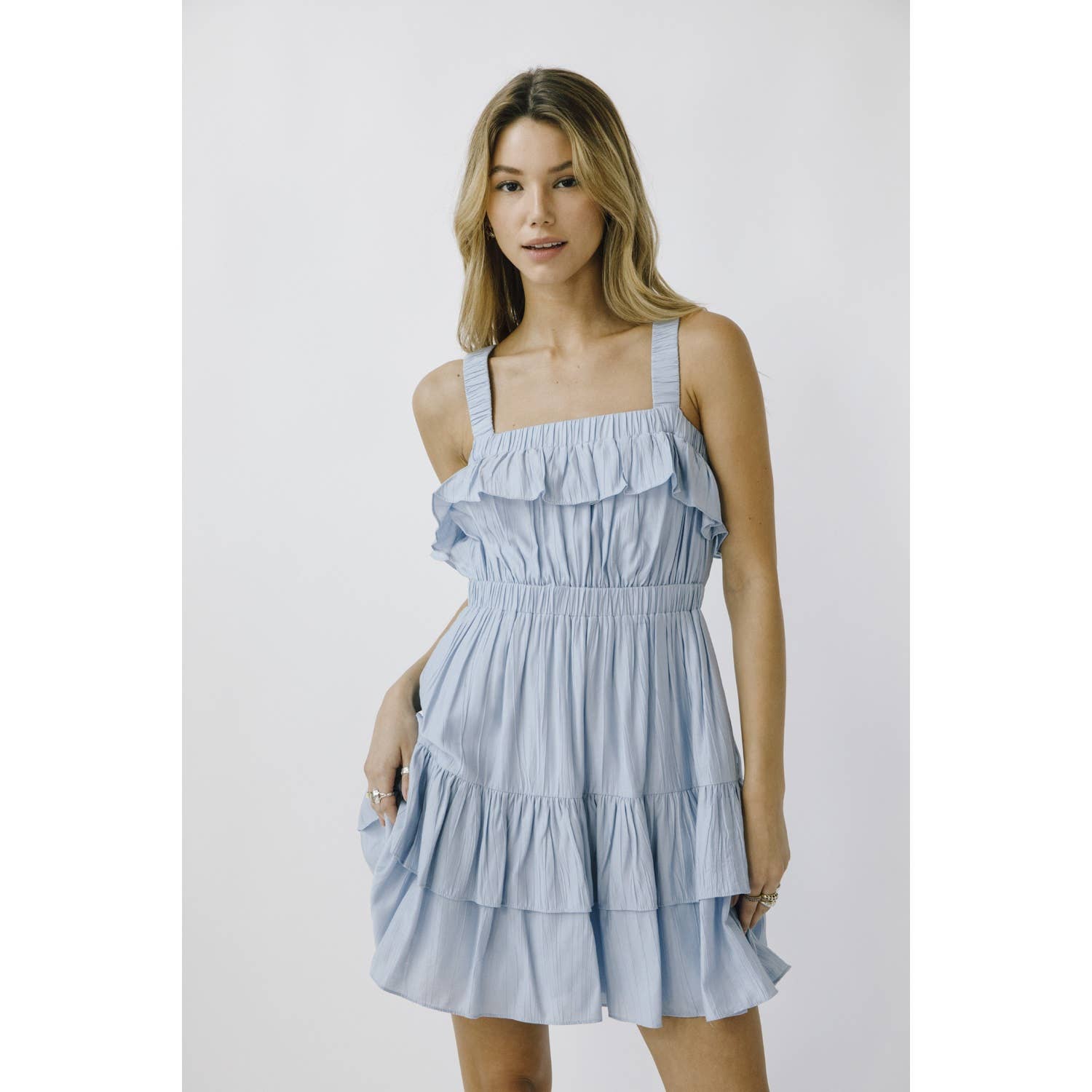 BLUE JD6024- MONOCHROMATIC RUFFLED MINI DRESS for wholesale on Faire1