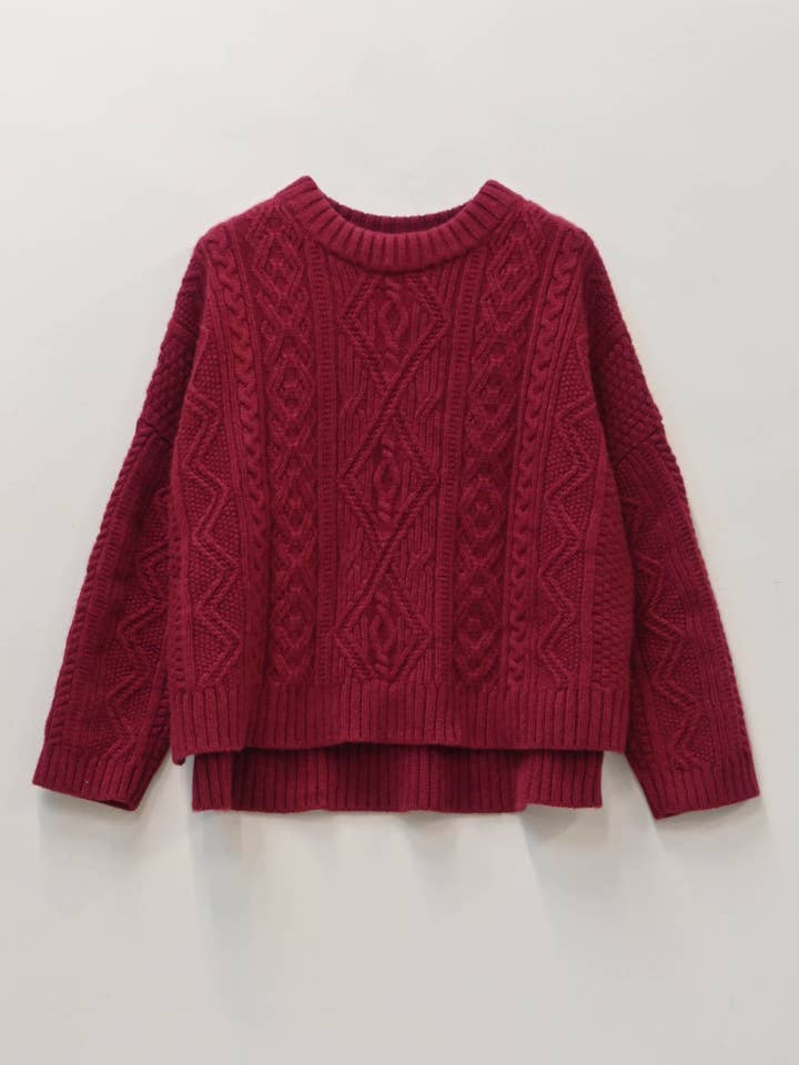 The Freyja Cashmere Cable Sweater in Rich Red for wholesale by OUBAS