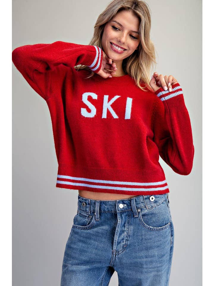 CRIMSON PL9681 - BOLD SKI LETTERING STRIPED CUFF SWEATER for wholesale on Faire6