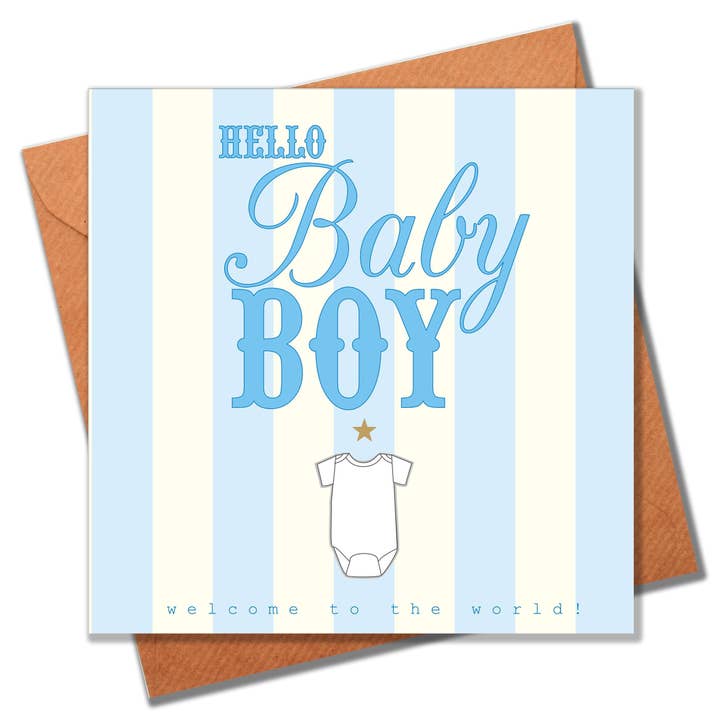 Carte bébé, rayures bleues, Hello Baby Boy pour la vente par Claire Giles Ltd