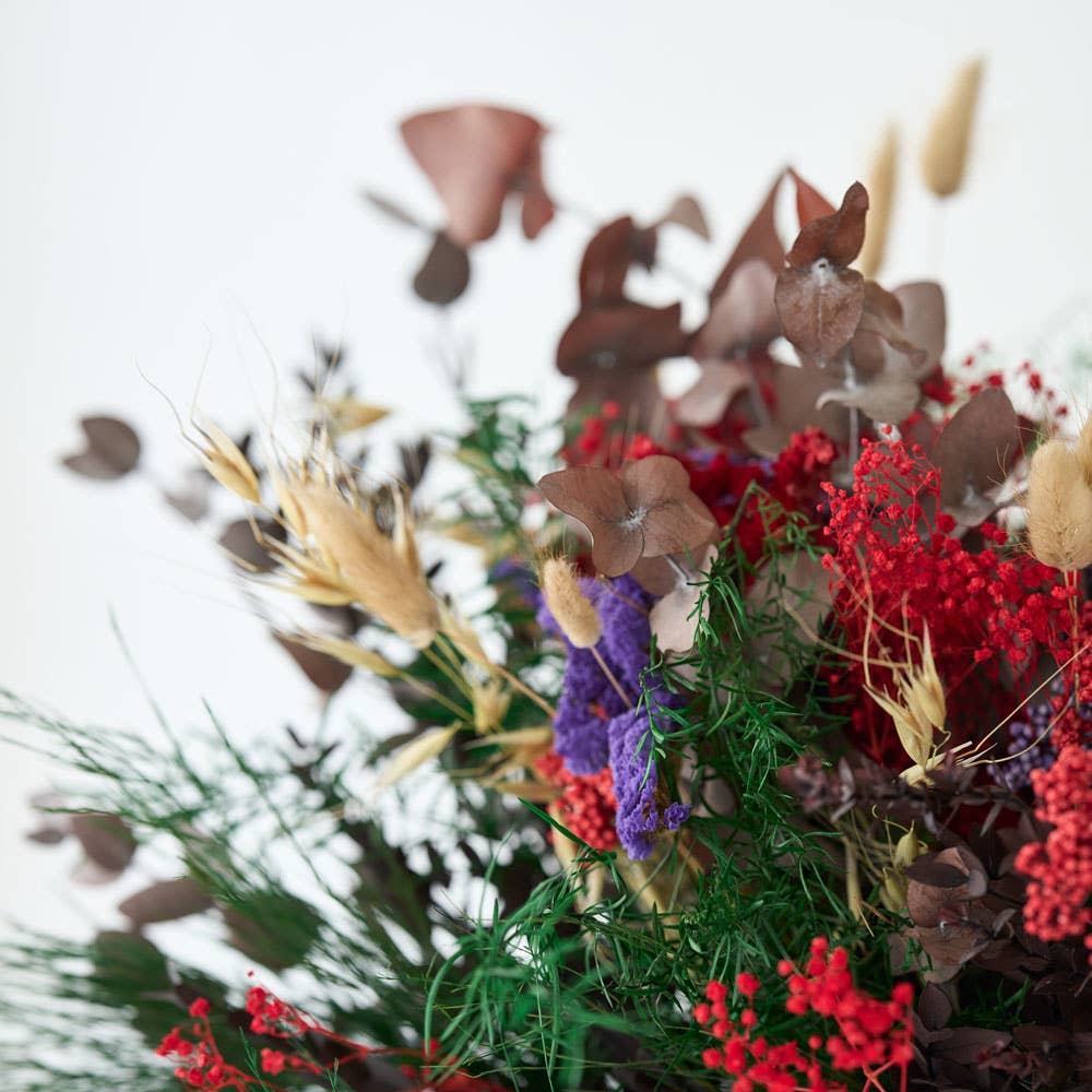 Evige Blomster – Engroshandel Tørrede/pressede blomster – Evighedsbuket lilla og rød mix - Stor Langtidsholdbar buket 1
