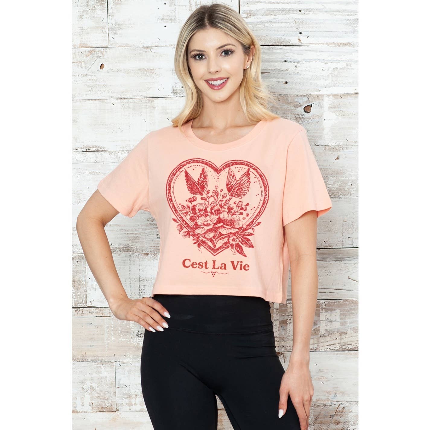 MINEB - Wholesale Screen Printed T-Shirt - Women's - CEST LA VIE HEART CROP TEE1
