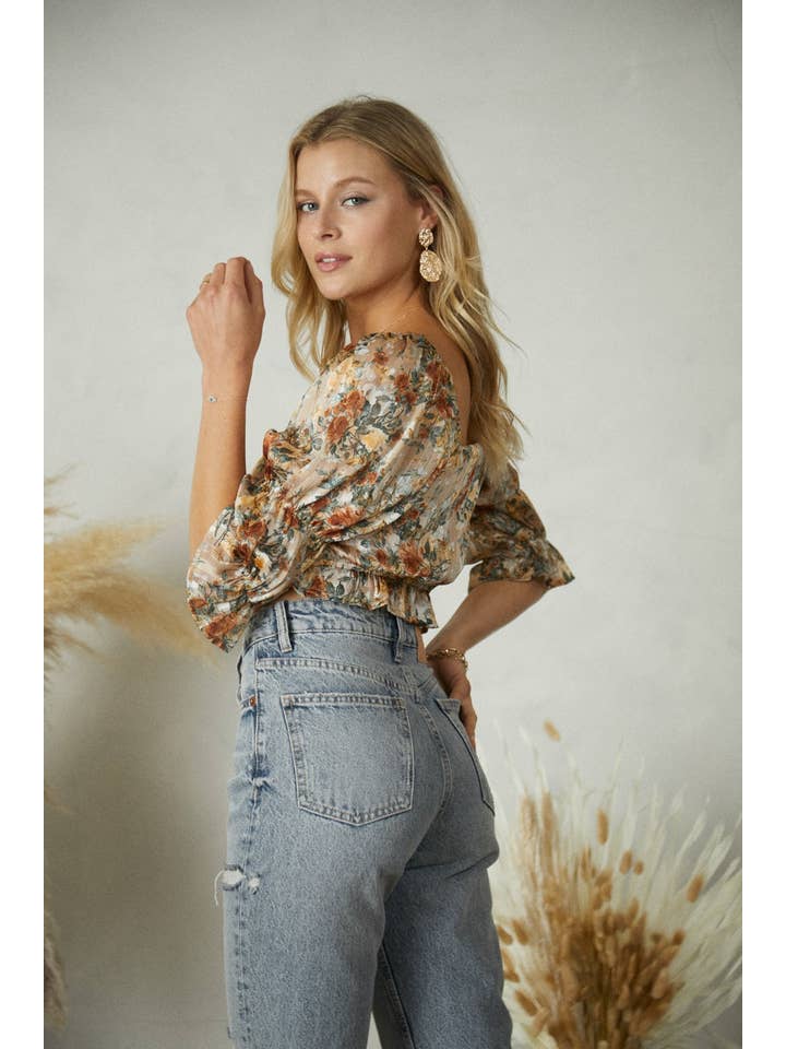CHAMPAGNE JT6231 Floral Square Neckline metallic print Chiffon Top for wholesale on Faire