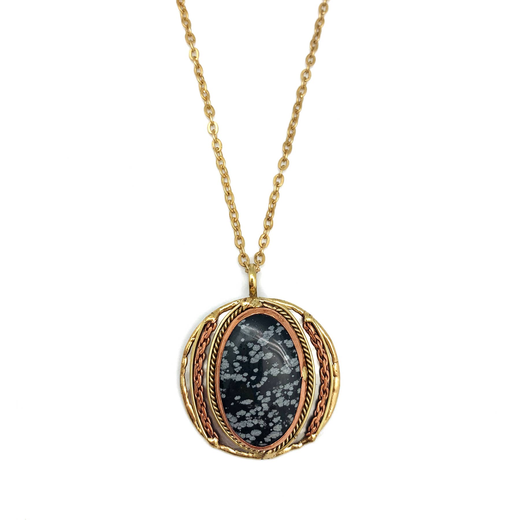 Anju Jewelry – wholesale Pendant/charm necklace – Mixed Metal and Snowflake Obsidian Stone Pendant with chain0