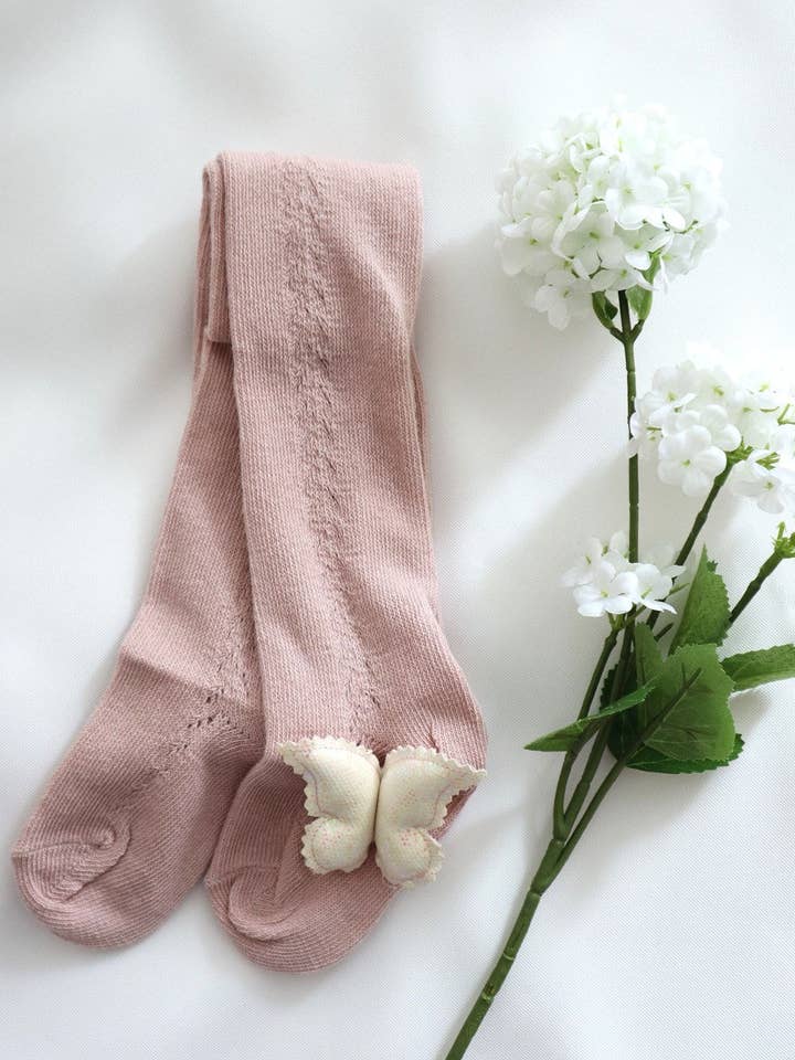 Girls Side Lace Openwork Tights in Dusty Pink (3 Sizes Available) for wholesale by Maman