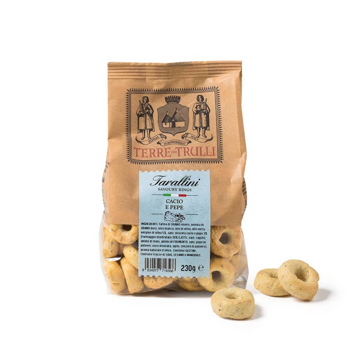 Terre dei Trulli – Engroshandel Puffed snacks – Tarallini Pugliesi Ost og peber 230g - Italiensk snack