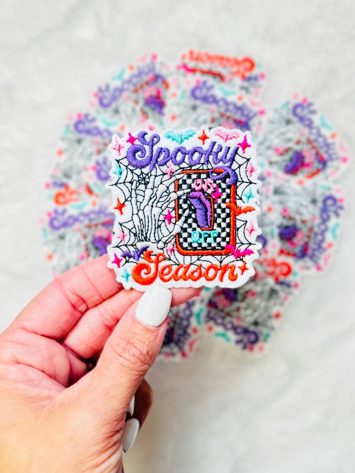 Spooky Season Turned On Embroidered Patch for wholesale by Magen Made Designs