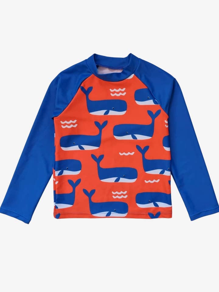 Kinder zwembroek met lange mouwen en walvis- en golfprint, UV-bescherming UPF 50+ voor wholesale door Toby Tiger GmbH