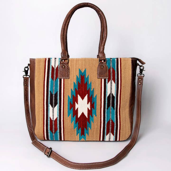 LS Western - Wholesale Tote Bag - Women's - ADBG1005 American Darling Handwoven Saddle Blanket Tote Bag Genuine Leather Trim5