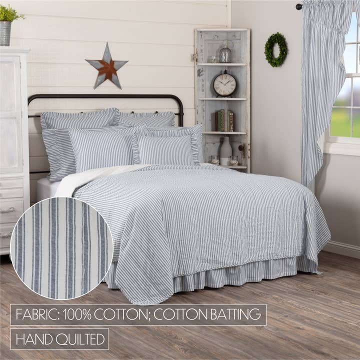 VHC Brands - Wholesale Coverlet - Sawyer Mill Blue Ticking Stripe Twin Quilt Coverlet 68Wx86L