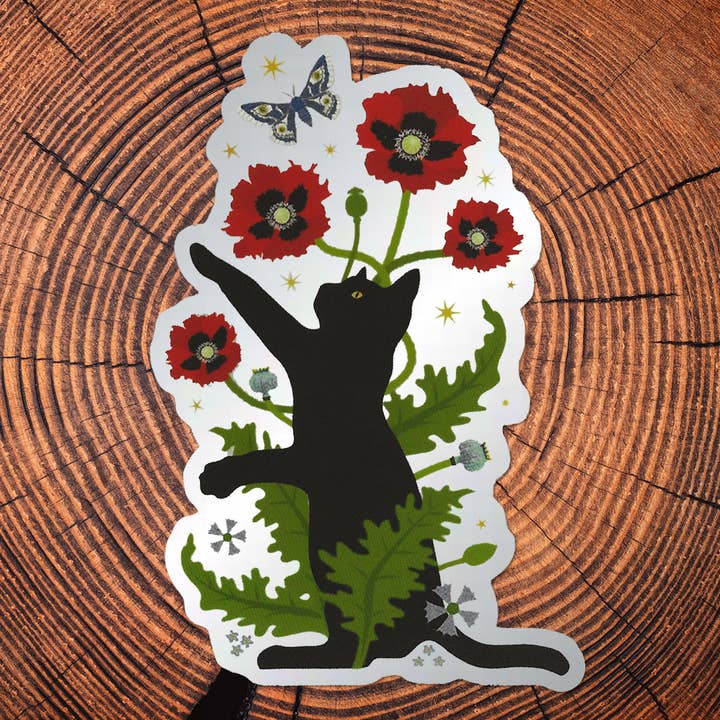 Sticker miroir mat noir sans PVC Motif chat et coquelicots pour la vente par Little Gold Fox Designs