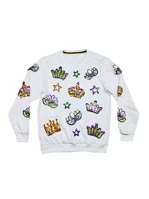 Mardi Gras Creations - Wholesale Sweatshirt - Kids - Youth Crown & Mask French Terry Light Weight Pullover -White