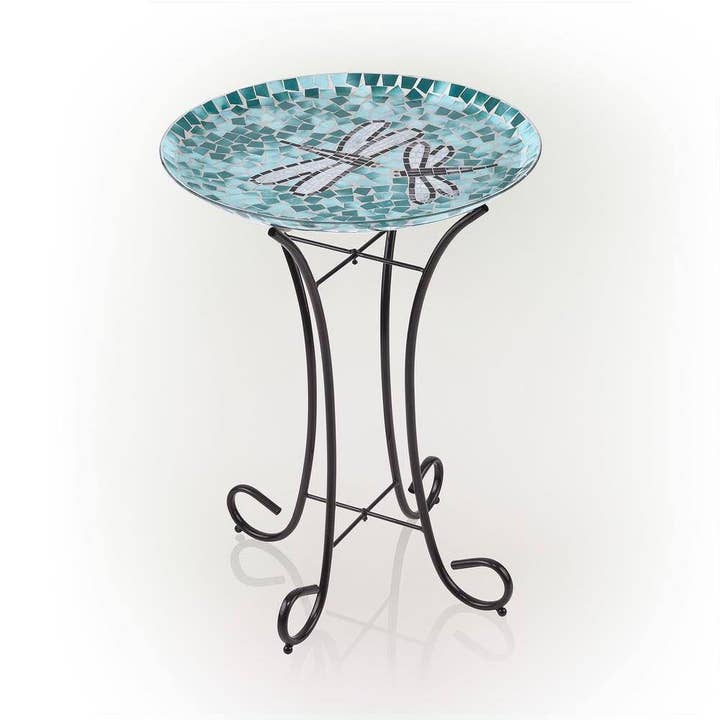 Teal Green Blue White Mosaic Glass Birdbath Bowl with Black Metal Stand for wholesale by Buzz Blocker Organic Mosquito & No-See-Um Repellent