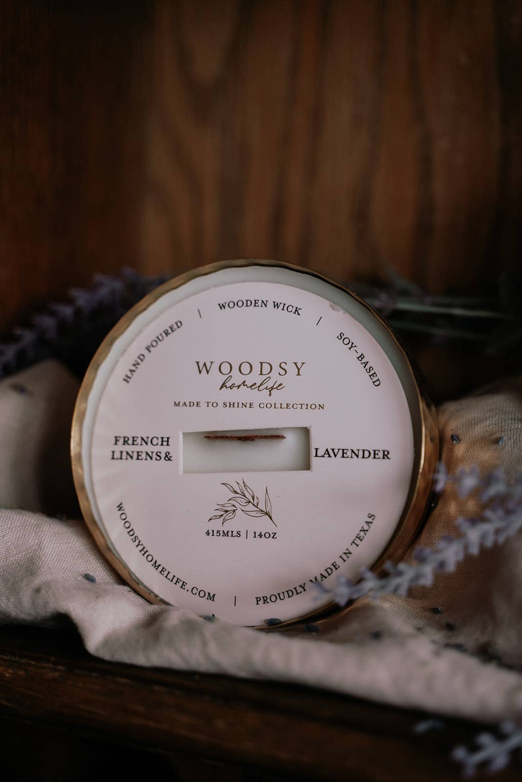 Woodsy Homelife - Wholesale Jar/Filled Candle - French Linens & Lavender-Solid Brass 14oz Pure Soy Candle