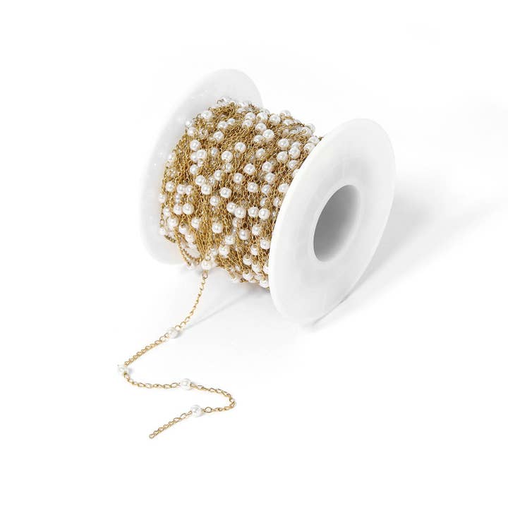 WJW - Wholesale Link & Chain Bracelet - Stainless Steel Faux Pearl Chain By The Foot