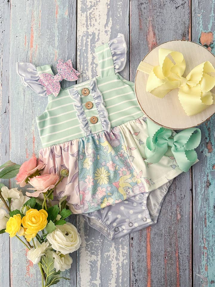 The Hair Bow Company - Wholesale Bodysuit (Non-Footed) - Baby - Mint Stripes & Floral Dreams Infant Romper
