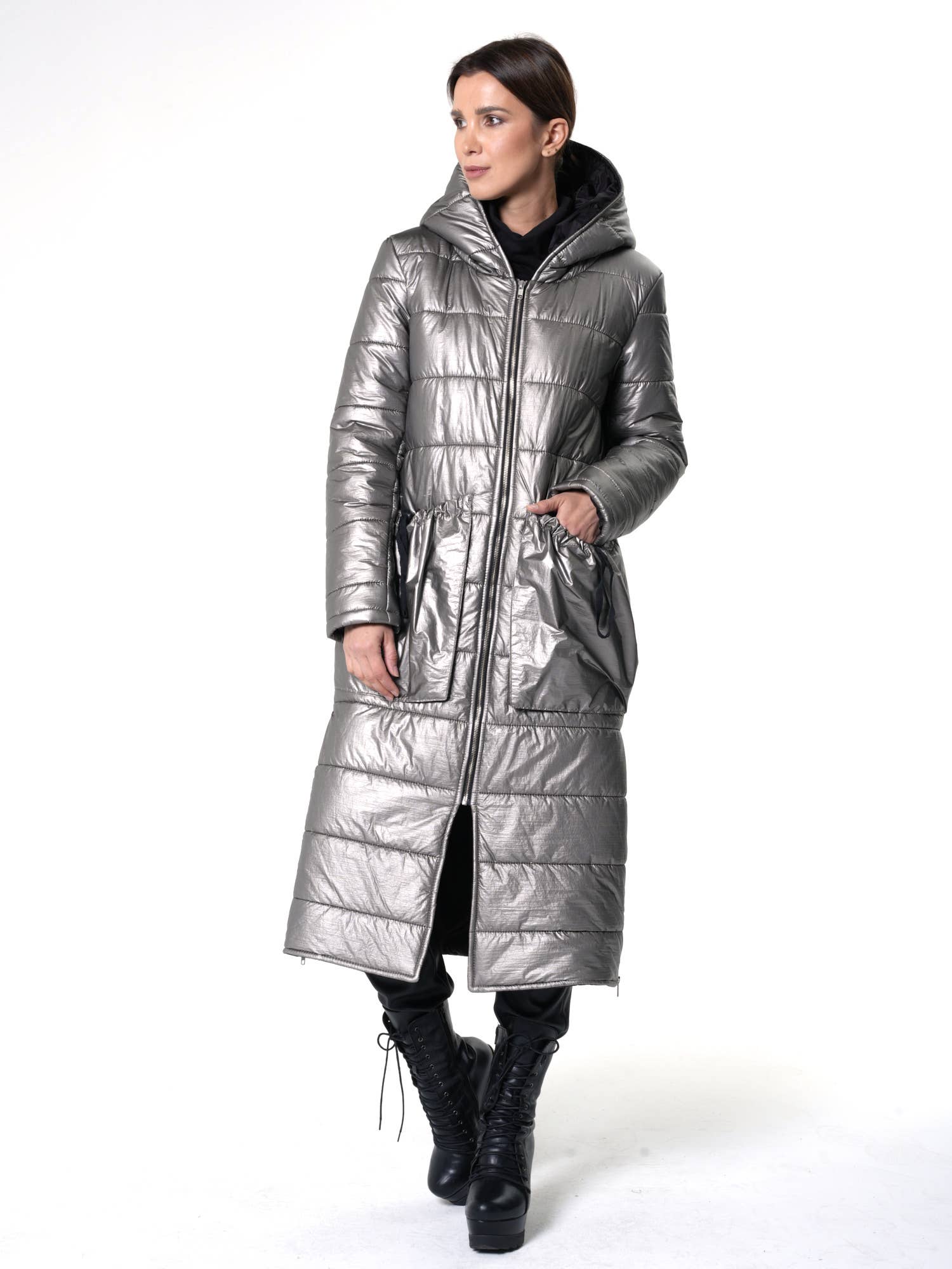 Metamorphoza - Wholesale Puffer Jacket - Women's - Long Silver Puffer Jacket With Oversize Pockets 4