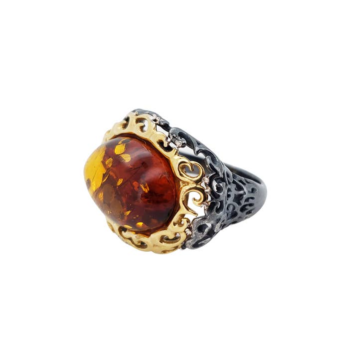 Cognac Amber Gold Plated Sterling Silver Ring for wholesale by Amberman
