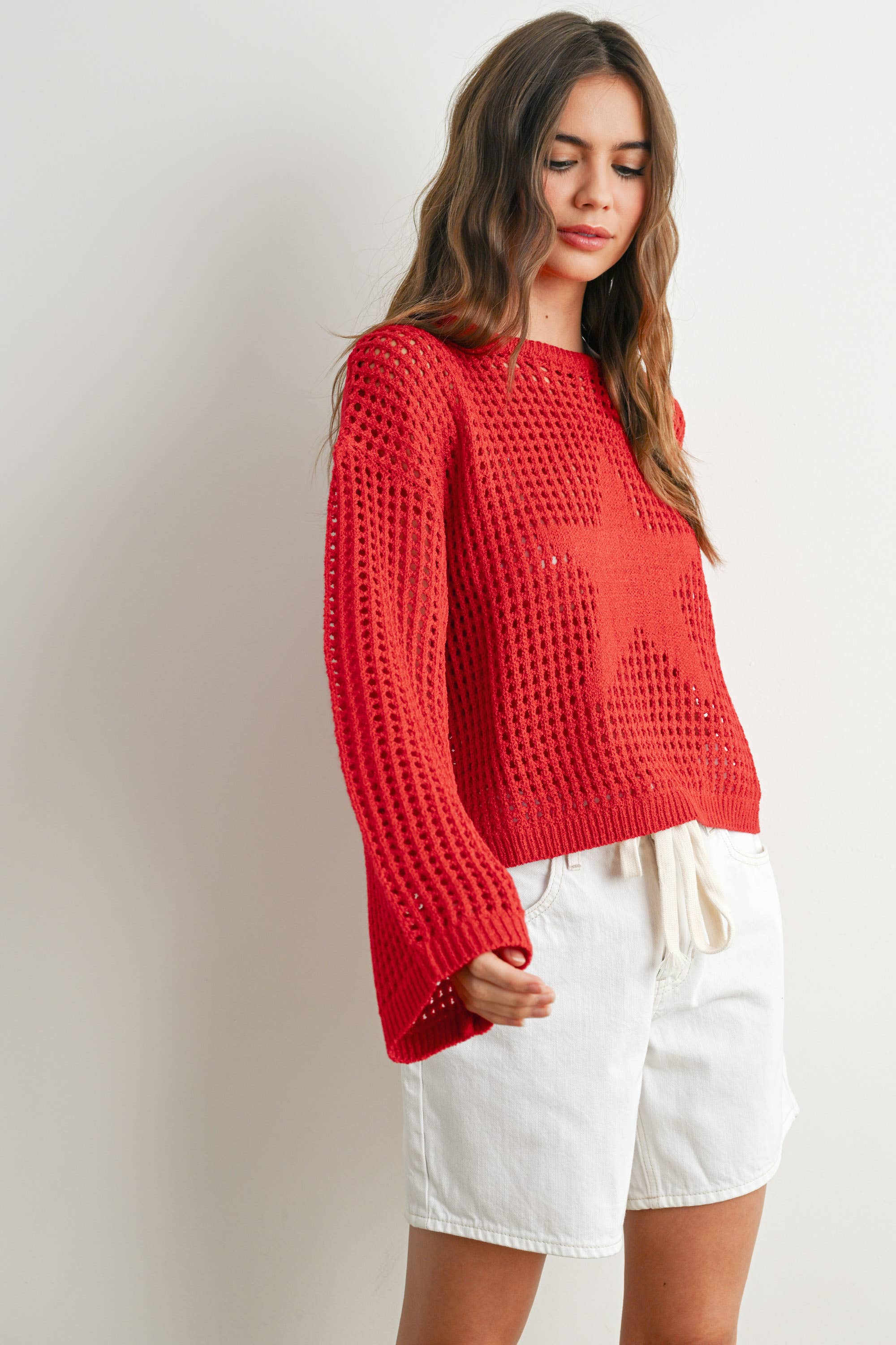 BUTTERMELON - Wholesale Knit Sweater - Women's - Crew Neck Crochet Sweater - BMW763313