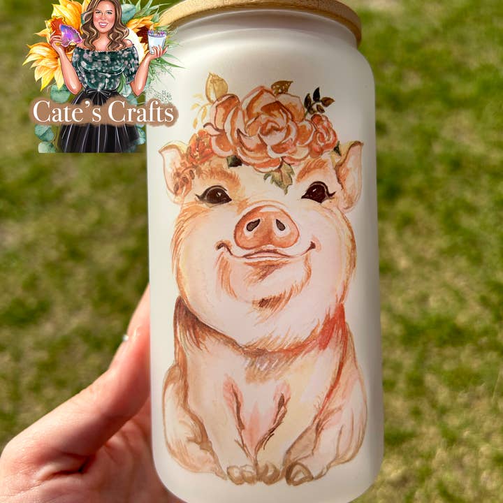 Piggy Frosted Glass Cup for wholesale by Cate’s Crafts