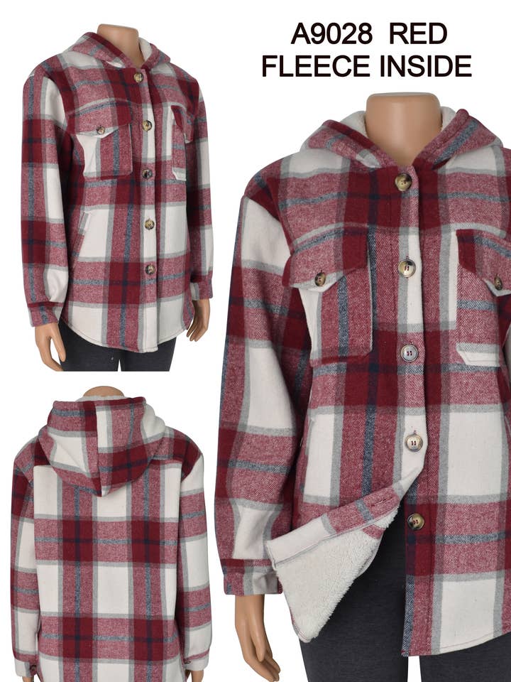SSImport - Wholesale Shirt Jacket/Shacket - Women's - A9028 WINTER HOODIE COAT PLAID JACKET FLEECE LINED 12PCS