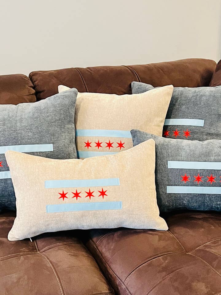 chicago flag throw pillow, embroidered chicago pillow for wholesale by tori grace outfitters