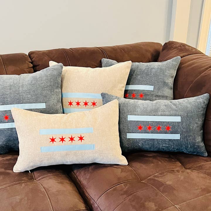 chicago flag throw pillow, embroidered chicago pillow for wholesale by tori grace outfitters