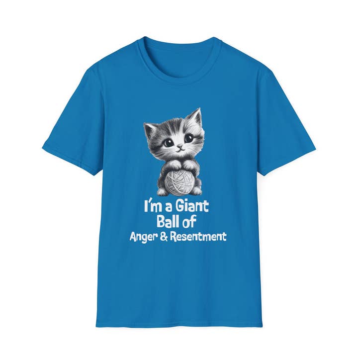 Funny Cat Tee w/ Kitty Graphic Ball of Anger and Resentment for wholesale by Quixotic Caverns Trading Company