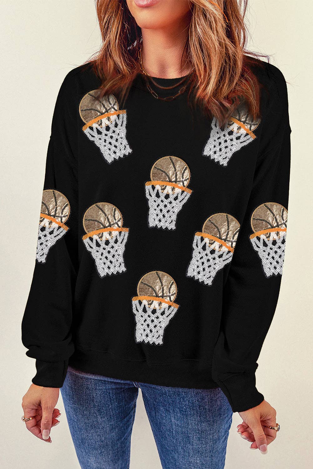 Svart Svart basketbollmönstrad sweatshirt med rund hals för speldagen för wholesale på Faire1