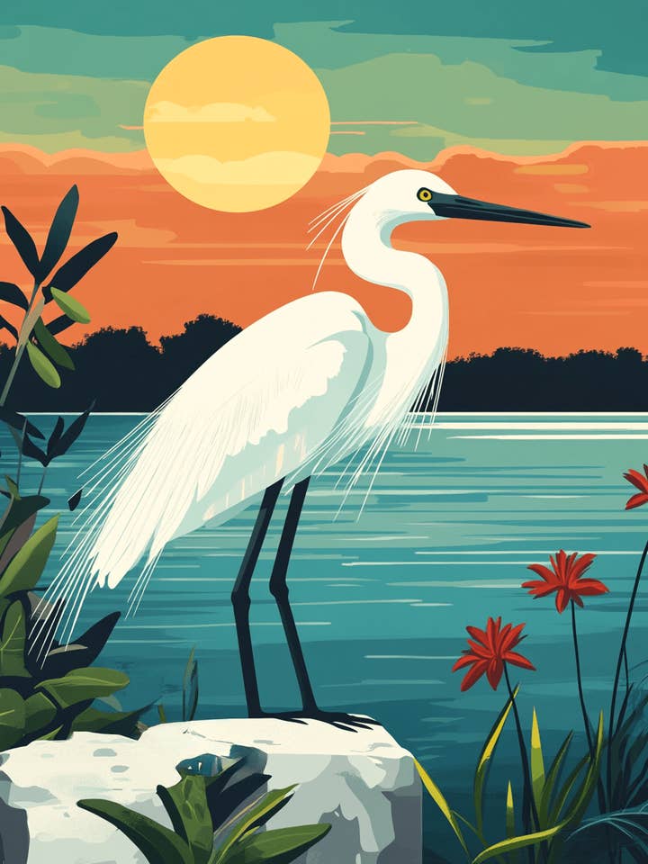 Egret at Sunset - Wall Art Print - Ocean Seaside Beachcore - 8"x10" Artwork - 11"x14" Matte for wholesale by Mowbi