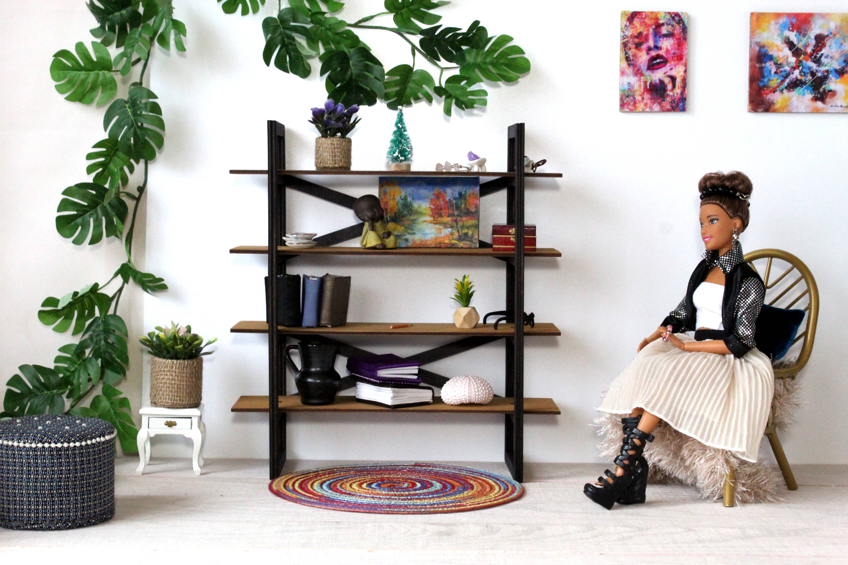 Lenasminiland – wholesale Tillbehörskit för docka - Barn – Miniatyr moderna bokhylla 1:6 skala dockhus möbler Trä7