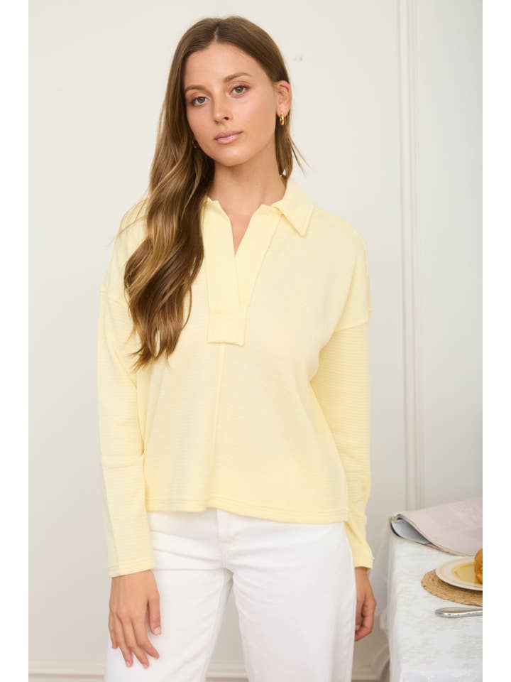 J.O.A - Wholesale Knit Top - Women's - EXPOSED SEAM LONG SLEEVE TEXTURED KNIT POLO4