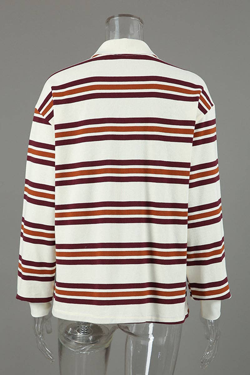 BROWN Striped Polo T-Shirt with Long Sleeves for wholesale on Faire7