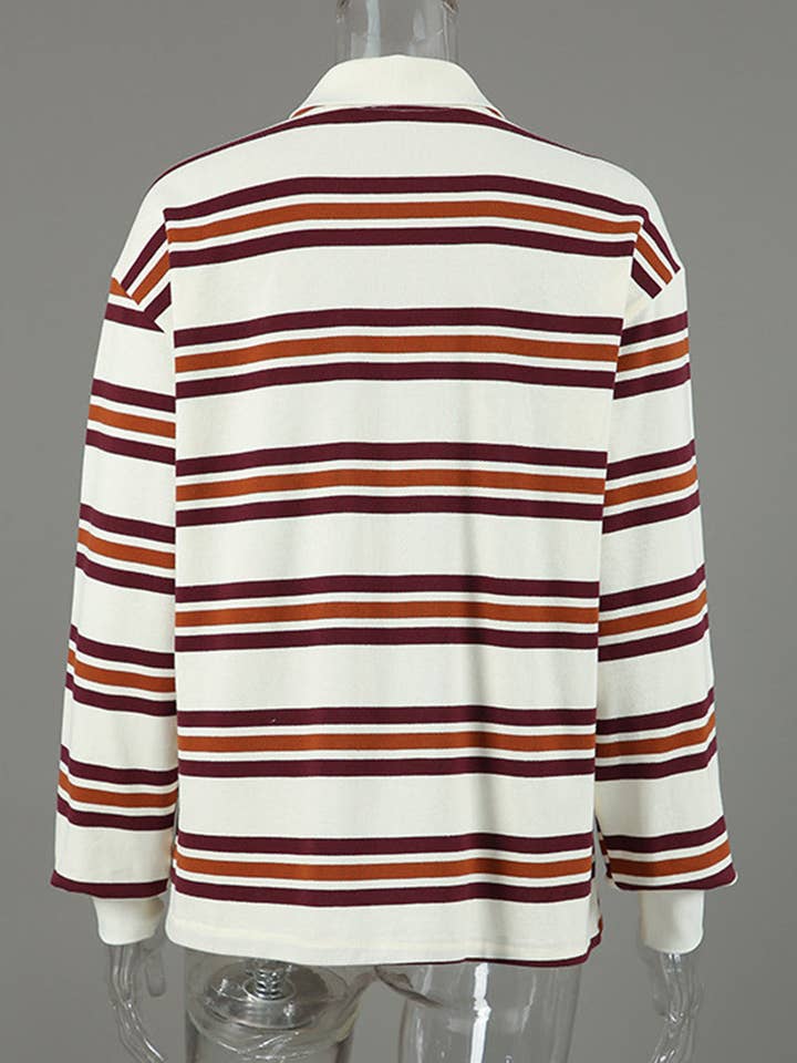BROWN Striped Polo T-Shirt with Long Sleeves for wholesale on Faire7
