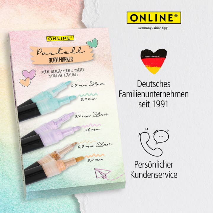 ONLINE Schreibgeräte GmbH - Wholesale Marker - Pastell Lettering, 6 acryl pens in 3 different colours7