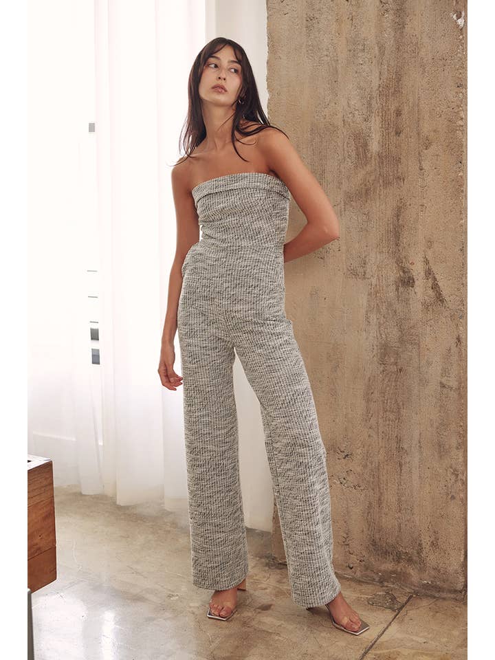 GREY WHITE STRETCHY TWEED STRAPLESS WIDE LEG JUMPSUIT-PI6522FO for wholesale on Faire