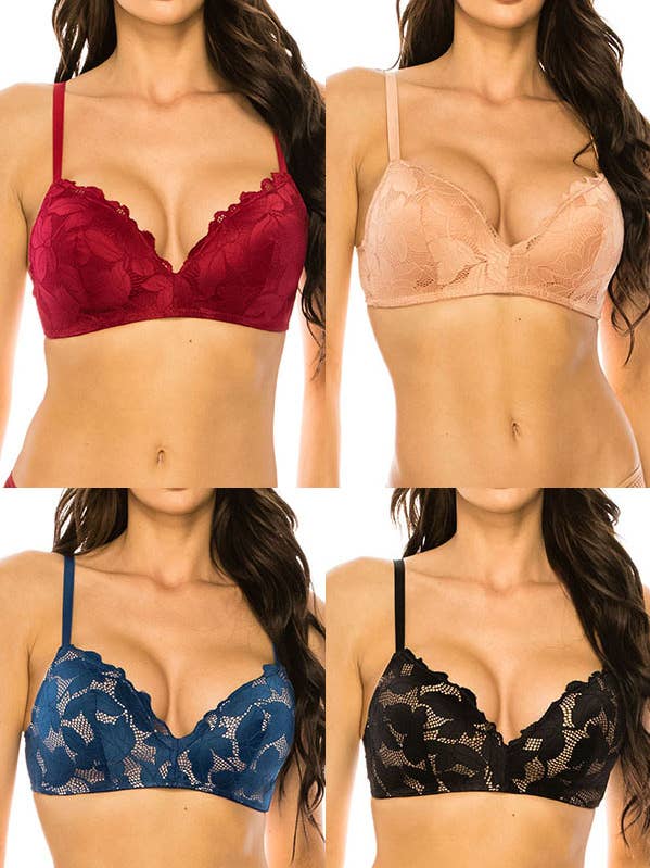 Sujetador de encaje floral con relleno de 4 piezas, copa B/C-78284-BRA-B-C-4 para venta al por mayor de Best Underwear Line