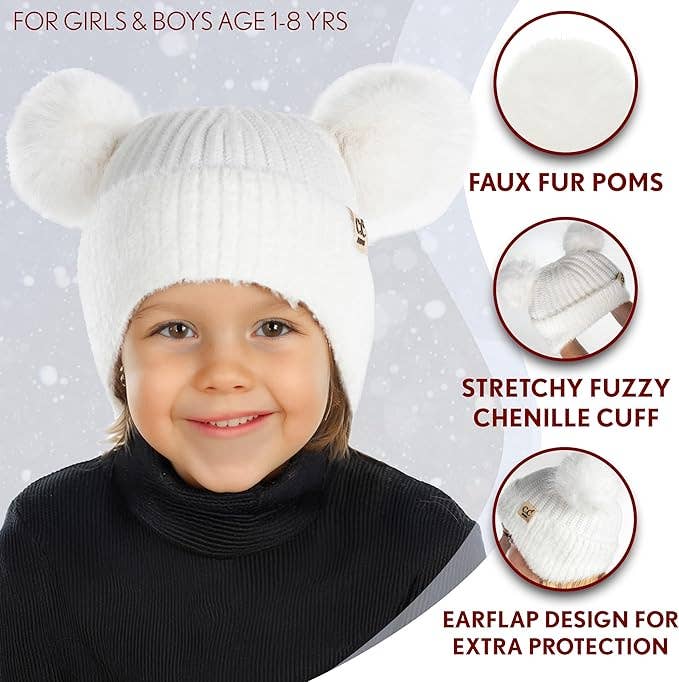 Funky Junque - Wholesale Beanie - Kids - Kids Double Pom Chenille Earflap Beanie - White3